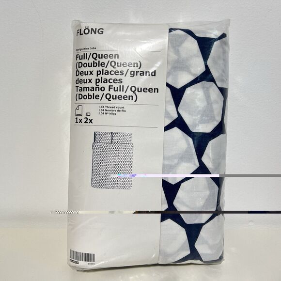 Ikea FLONG Full Queen Duvet Cover & 2 Pillowcases White Navy Blue Geometric New